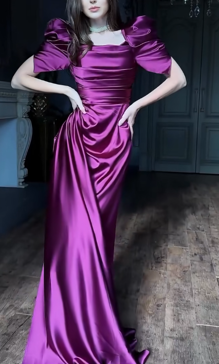 Glam Sheath Grape Long Prom Dresses Satin Grape Wedding Guest Dresses with Short Sleeves ED05012