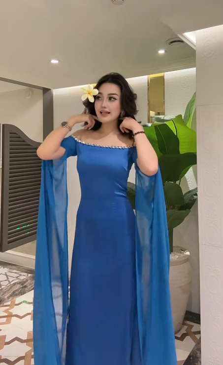 Glam Off Shoulder Sheath Blue Long Prom Dresses Chiffon Blue Wedding Guest Dresses ED05014