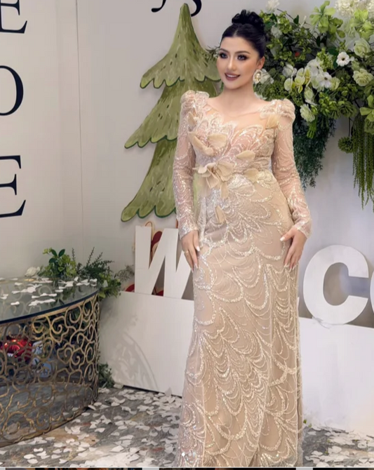 Elegant Sheath Long Prom Dresses Tulle Sequin Champagne Wedding Guest Dresses ED05015