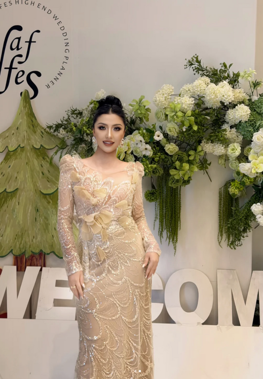 Elegant Sheath Long Prom Dresses Tulle Sequin Champagne Wedding Guest Dresses ED05015