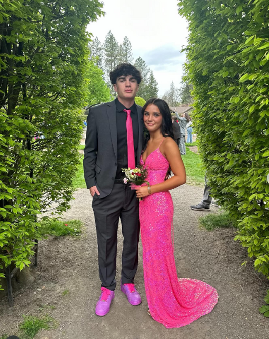 Elegant Spaghetti Strap Sheath Long Prom Dresses with Slits Sequin Fuchsia Formal Dresses ED05016