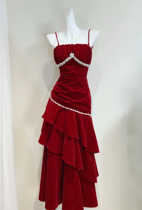 Cute Spaghetti Strap Sheath Burgundy Long Prom Dresses Burgundy Birthday Dresses Ruffle Velvet Sleeveless New Year's Evening Dress ED05024