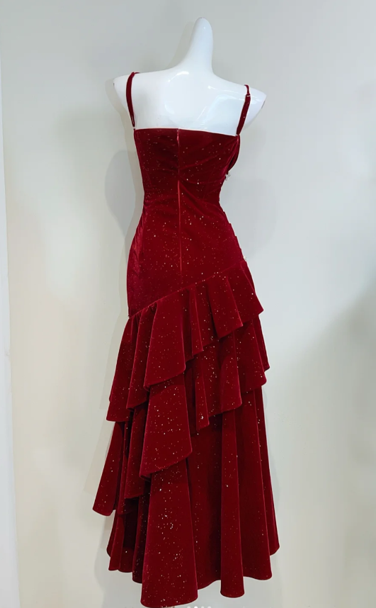 Cute Spaghetti Strap Sheath Burgundy Long Prom Dresses Burgundy Birthday Dresses Ruffle Velvet Sleeveless New Year's Evening Dress ED05024