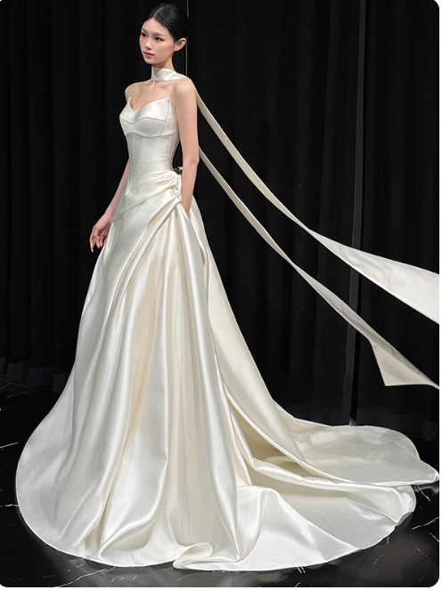 Simple Strapless Satin Long Wedding Dresses Sleeveless White Bridal Gowns ED05026