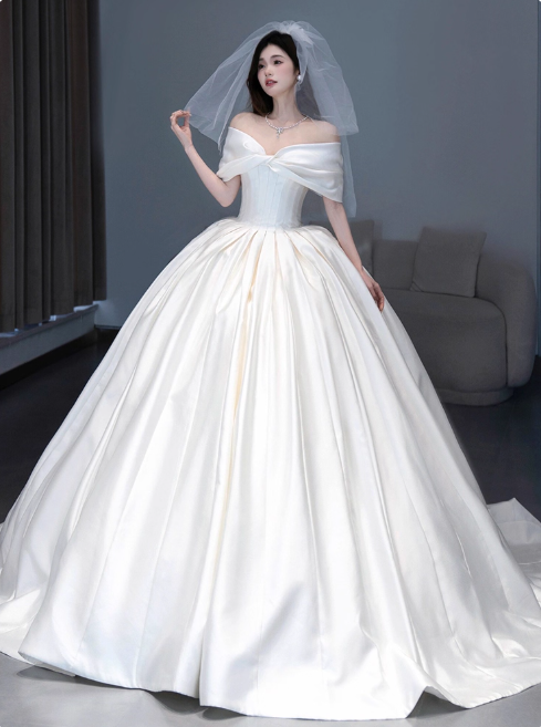 Simple Off-shoulder Ball Gown Satin Long Wedding Dresses White Bridal Gowns Short Sleeve Bridal Dresses ED05028