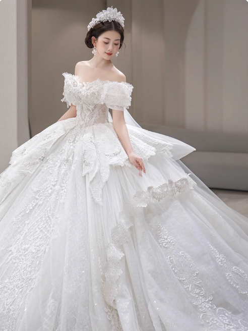 Gorgeous Off-the-shoulder Ball Gown Lace Long Wedding Dresses Applique White Bridal Gowns Short Sleeve Bridal Dresses ED05029
