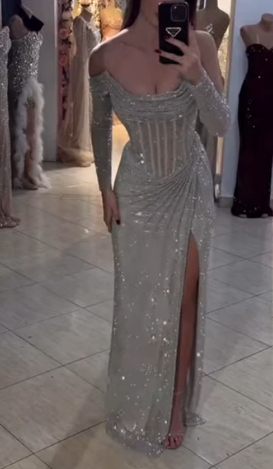 Elegant Off-the-shoulder Sheath Silver Long Prom Dresses with Slits Sequined Silver Evening Dresses ED05035