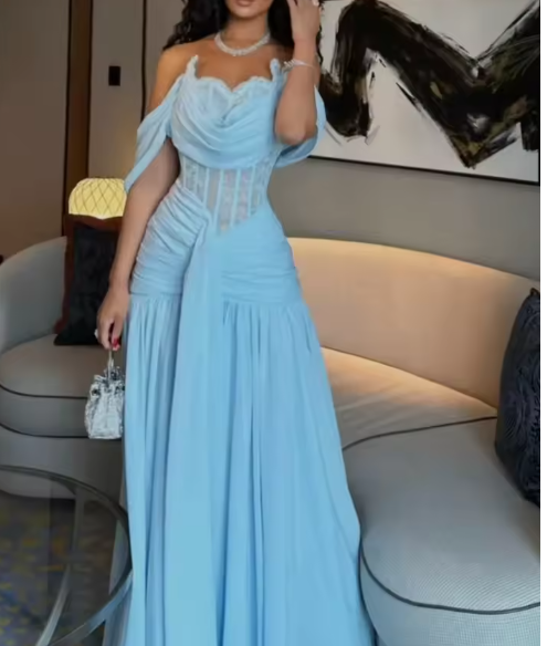 Elegant Off-the-shoulder Sheath Blue Long Prom Dresses Chiffon Blue Evening Dresses ED05036