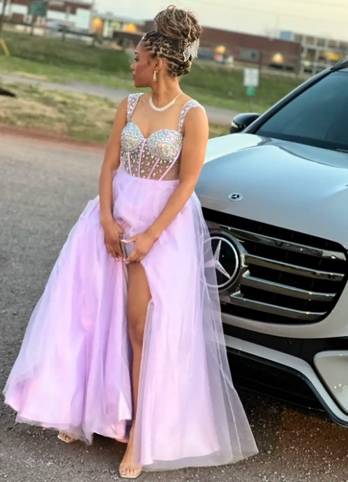 Elegant Strap A-Line Lilac Long Prom Dresses Tulle Rhinestone Lilac Birthday Dresses ED05037