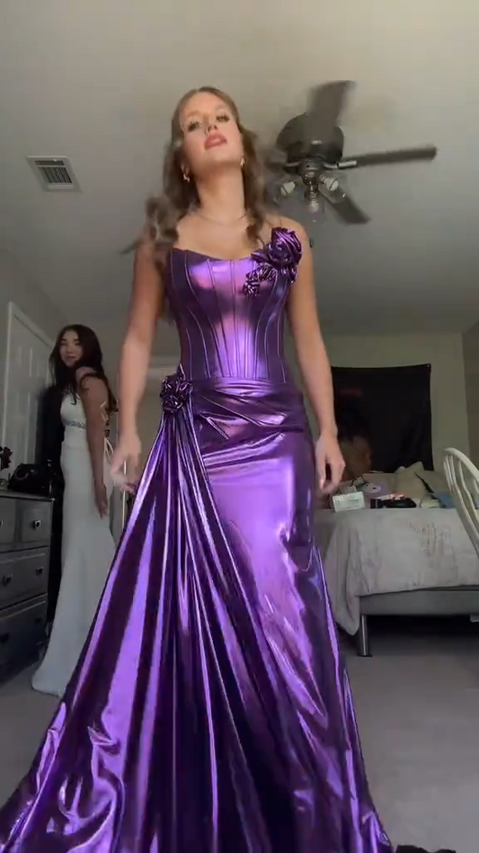Elegant Strapless Sheath Evening Gowns Purple Long Prom Dresses Metallic Satin Purple Formal Dresses ED05041