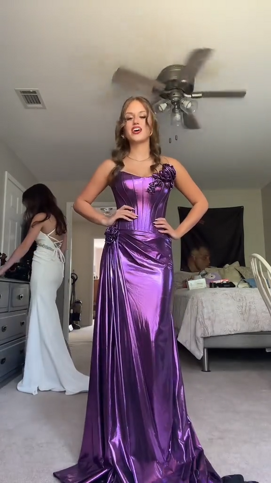 Elegant Strapless Sheath Evening Gowns Purple Long Prom Dresses Metallic Satin Purple Formal Dresses ED05041