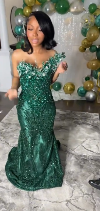 Sexy Strapless Mermaid Dark Green Long Prom Dresses Beaded Satin Dark Green Evening Gowns ED05042