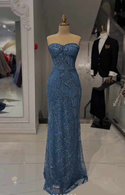 Sexy Strapless Sheath Blue Long Prom Dresses Beaded Sequin Tulle Blue Evening Gowns ED05044