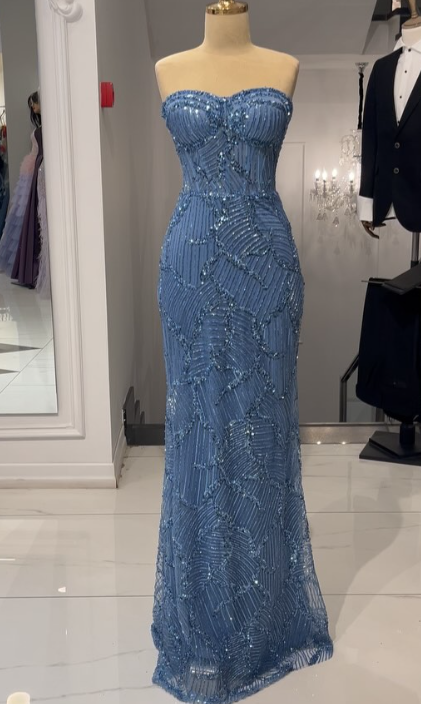 Sexy Strapless Sheath Blue Long Prom Dresses Beaded Sequin Tulle Blue Evening Gowns ED05044