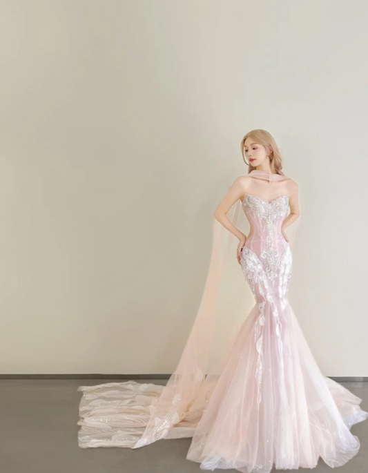 Fairy Sweetheart Mermaid Light Pink Long Prom Dresses Rhinestone Tulle Light Pink Birthday Dresses ED05046