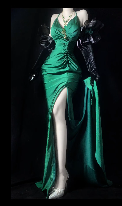 Sexy Spaghetti Strap Dark Green Long Prom Dresses with Slits Satin Dark Green Wedding Guest Dresses ED05049