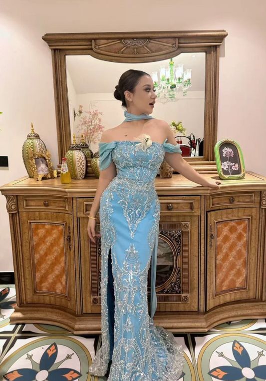 Chic Off-the-shoulder Sheath Blue Long Prom Dresses Applique Tulle Blue Wedding Guest Dresses ED05052