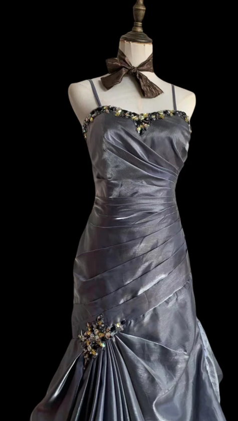 Glam Spaghetti Strap Mermaid Long Prom Dresses Sleeveless Taffeta Silver Grey Quinceanera Dresses Sweet 16 Dresses ED05057