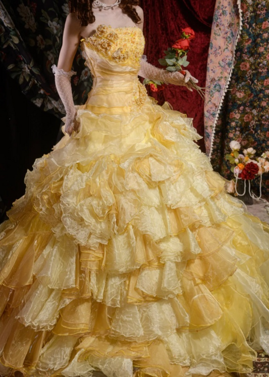 Gorgeous Strapless Ball Gown Yellow Long Prom Dresses Tulle Yellow Quinceanera Dresses Sweet 16 Dress ED05061