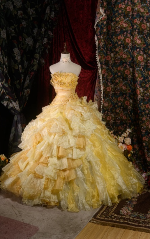Gorgeous Strapless Ball Gown Yellow Long Prom Dresses Tulle Yellow Quinceanera Dresses Sweet 16 Dress ED05061