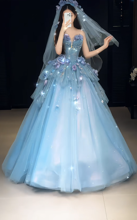 Fairy Sweetheart Ball Gown Blue Long Prom Dresses Tulle Applique Blue Quinceanera Dresses Sweet 16 Dress ED05063
