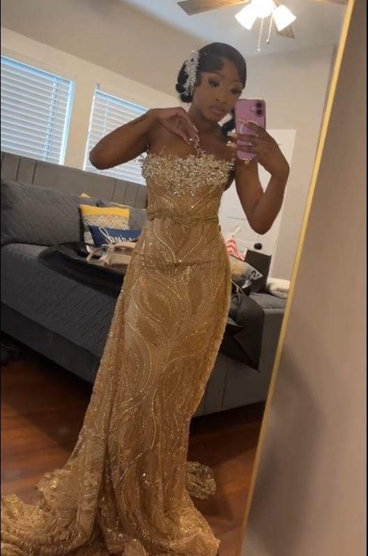 Sexy Strapless Sheath Gold Long Prom Dresses Tulle Beaded Gold Evening Dresses ED05073