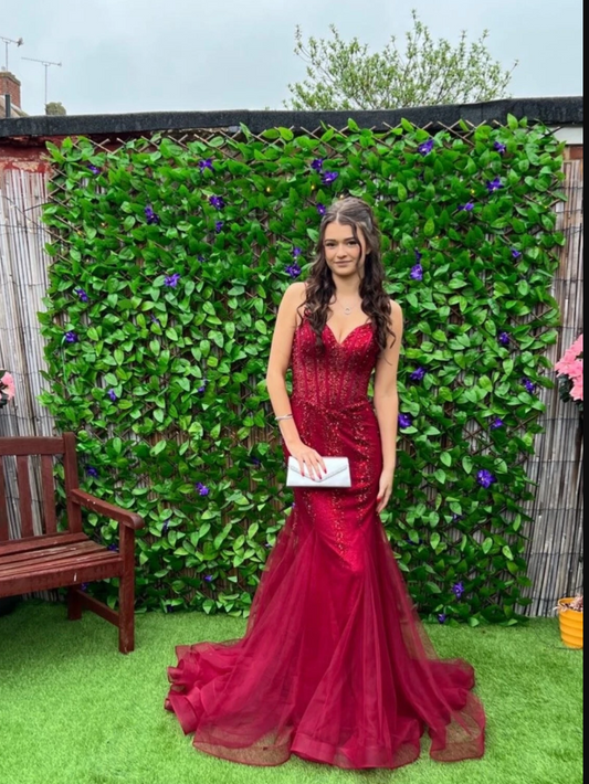 Elegant Spaghetti Strap Mermaid Burgundy Long Prom Dresses Tulle Sequin Burgundy Evening Dresses ED05075