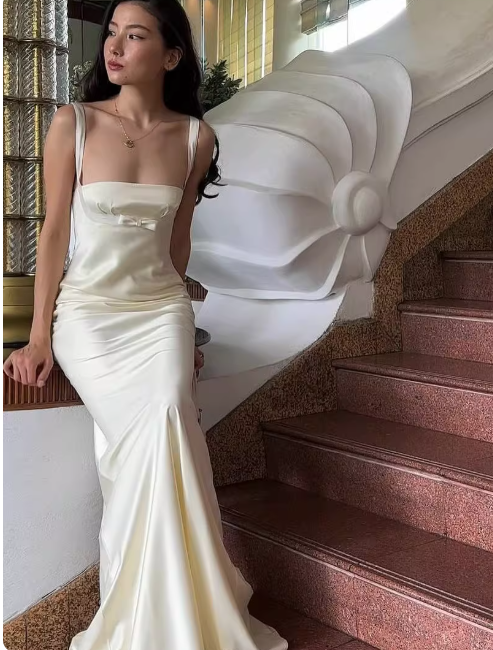 Elegant Spaghetti Strap Sheath Satin Long Prom Dresses White Wedding Guest Dresses ED05076