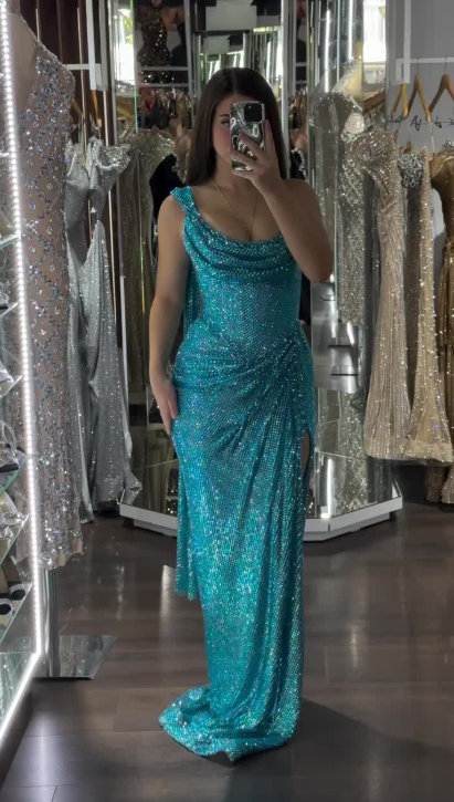 Elegant One Shoulder Sheath Blue Long Prom Dresses Sequined Blue Evening Dresses with Slits ED05077