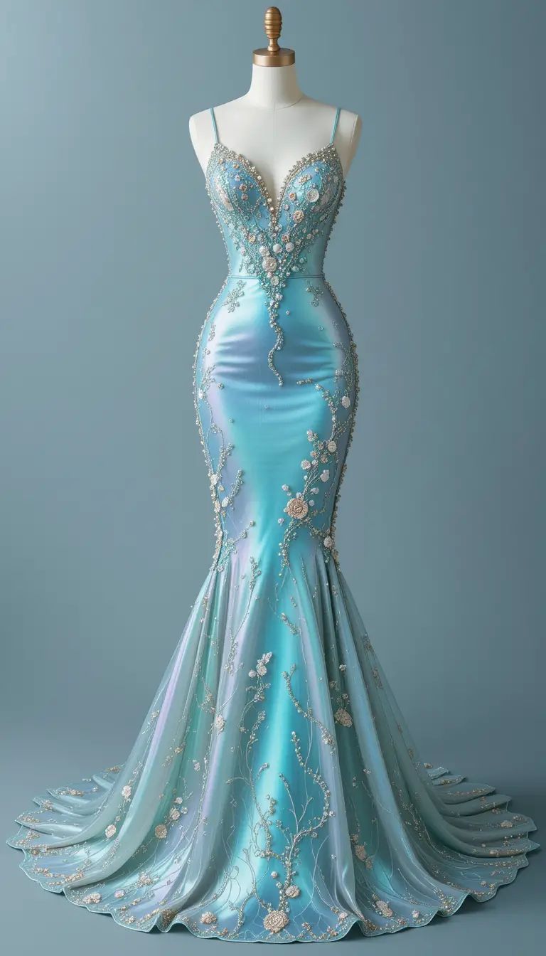 Elegant Spaghetti Strap Mermaid Long Prom Dresses Satin Applique Light Blue Formal Dresses ED05078