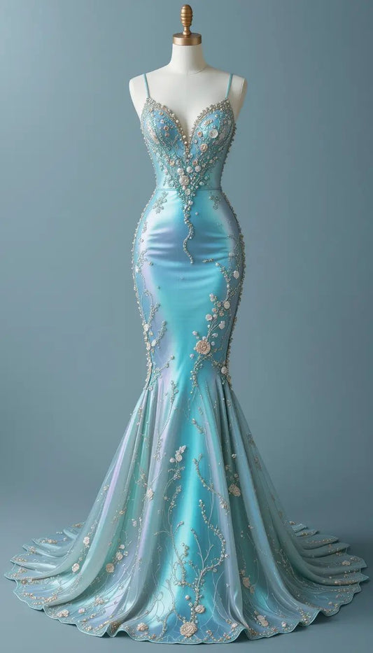 Elegant Spaghetti Strap Mermaid Long Prom Dresses Satin Applique Light Blue Formal Dresses ED05078