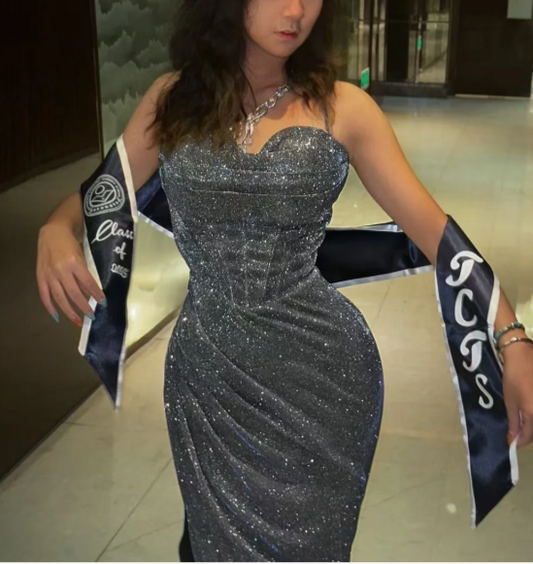 Sexy Spaghetti Straps Sheath Dark Grey Long Prom Dresses with Slit Glitter Dark Grey Evening Gowns ED05089