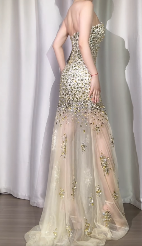 Vintage V-neck Sheath Gold Long Prom Dresses with Slit Sequins Tulle Dark Grey Evening Gowns ED05090