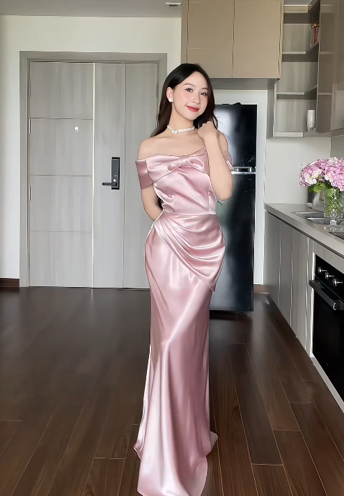Elegant Off-the-shoulder Sheath Pink Long Prom Dresses Satin Pink Wedding Guest Dresses ED05091
