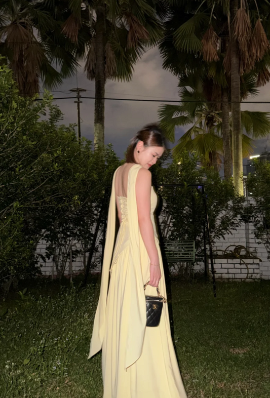 Chic Strapless Sheath Yellow Long Prom Dresses Chiffon Yellow Wedding Guest Dresses ED05094