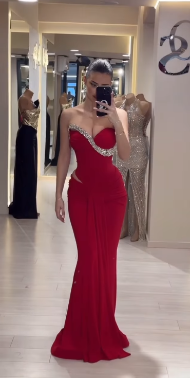 Chic Sweetheart neck Sheath Red Long Prom Dresses Sleeveless Chiffon Red Formal Dresses ED05098