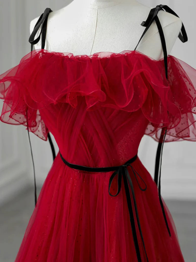A-Line Off Shoulder Tulle Burgundy Long Prom Dress, Burgundy Long Formal Dress ED051
