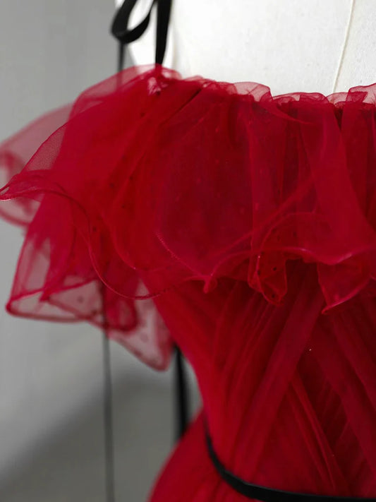 A-Line Off Shoulder Tulle Burgundy Long Prom Dress, Burgundy Long Formal Dress  ED051