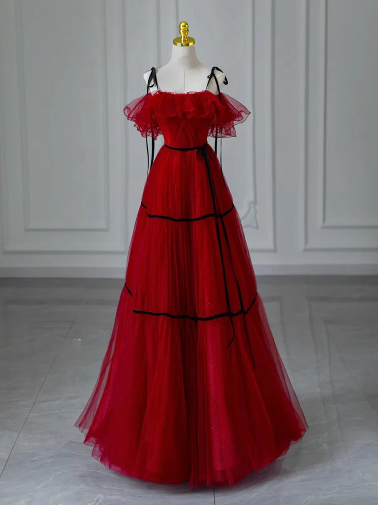 A-Line Off Shoulder Tulle Burgundy Long Prom Dress, Burgundy Long Formal Dress ED051