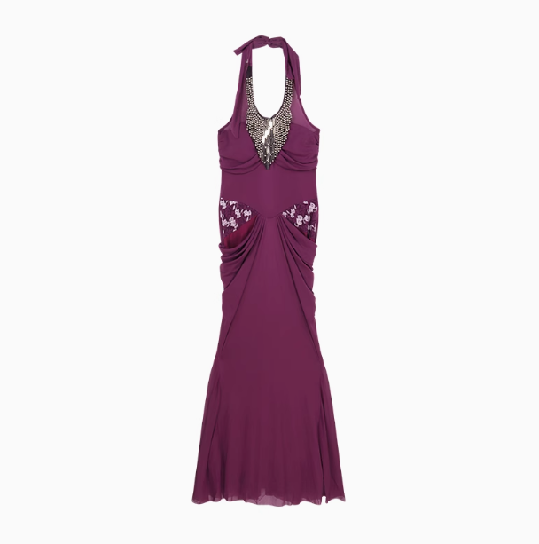 Neckholderkleid mit Perlenbesatz im französischen Damenstil ED0510