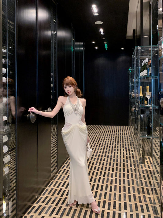 French lady style beaded halter neck dress ED0510