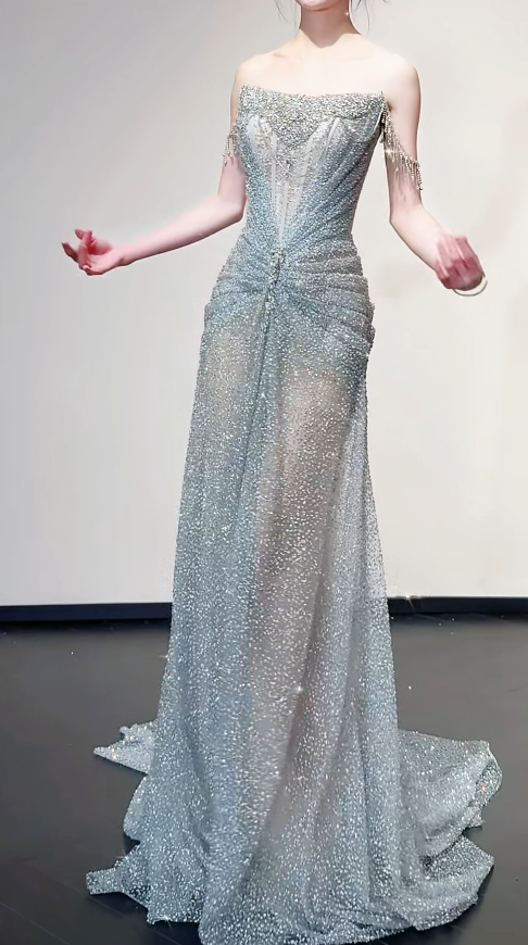 Elegant Off-the-shoulder Sheath Long Prom Dress Tulle Grey Birthday Dress ED05116