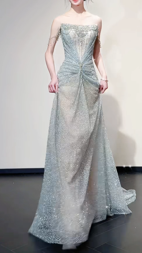 Elegant Off-the-shoulder Sheath Long Prom Dress Tulle Grey Birthday Dress ED05116