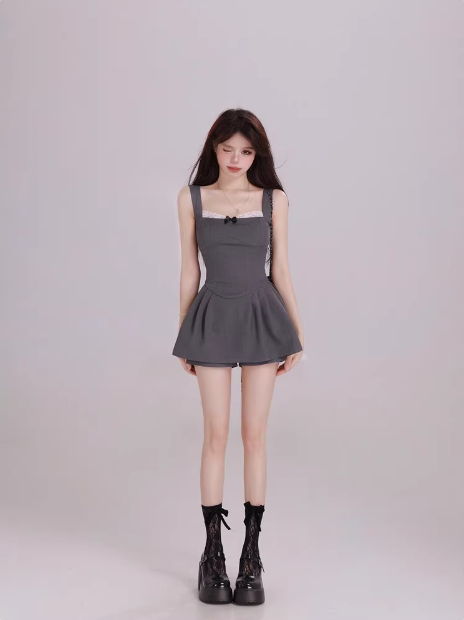Two-piece sweet lace stitching suspender dress (Skirt + Pants) ED0511