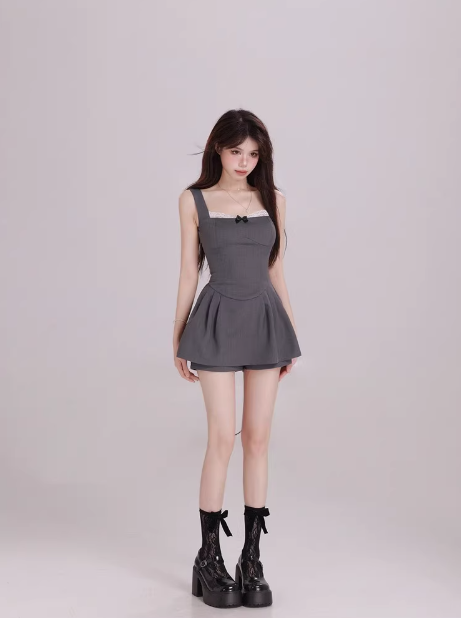 Two-piece sweet lace stitching suspender dress (Skirt + Pants) ED0511