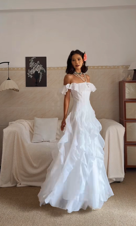 Elegant Off-shoulder Sheath White Long Prom Dresses Chiffon Ruffle White Party Dresses ED05125