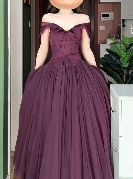 Cute Cup Sleeves A-Line Grape Long Prom Dresses Satin Grape Birthday Dresses ED05128