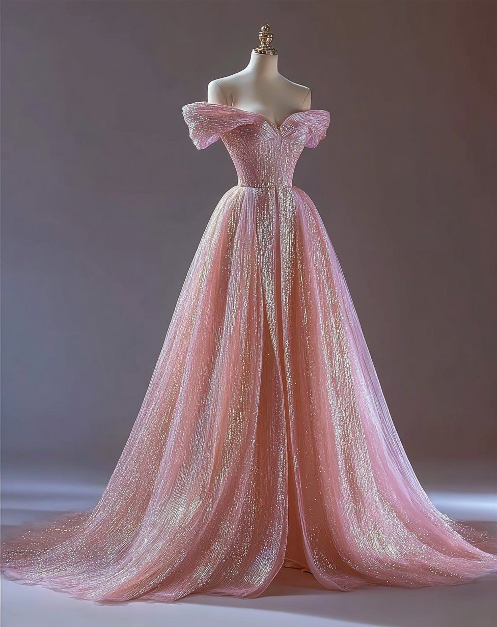 Cute Off-shoulder A-line Pink Long Prom Dresses, Tulle Pink Formal Dresses, Sweet 16 Dress  ED05132