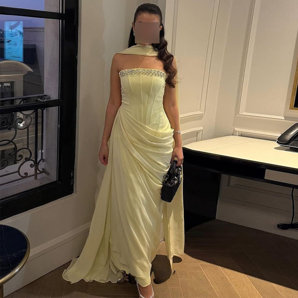 Elegant Strapless Sheath Yellow Long Prom Dresses Chiffon Yellow Wedding Guest Dresses ED05151