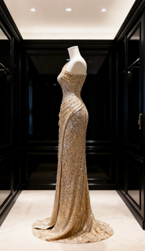 Elegant One Shoulder Mermaid Gold Long Prom Dresses Sequins Gold Evening Dresses ED05153